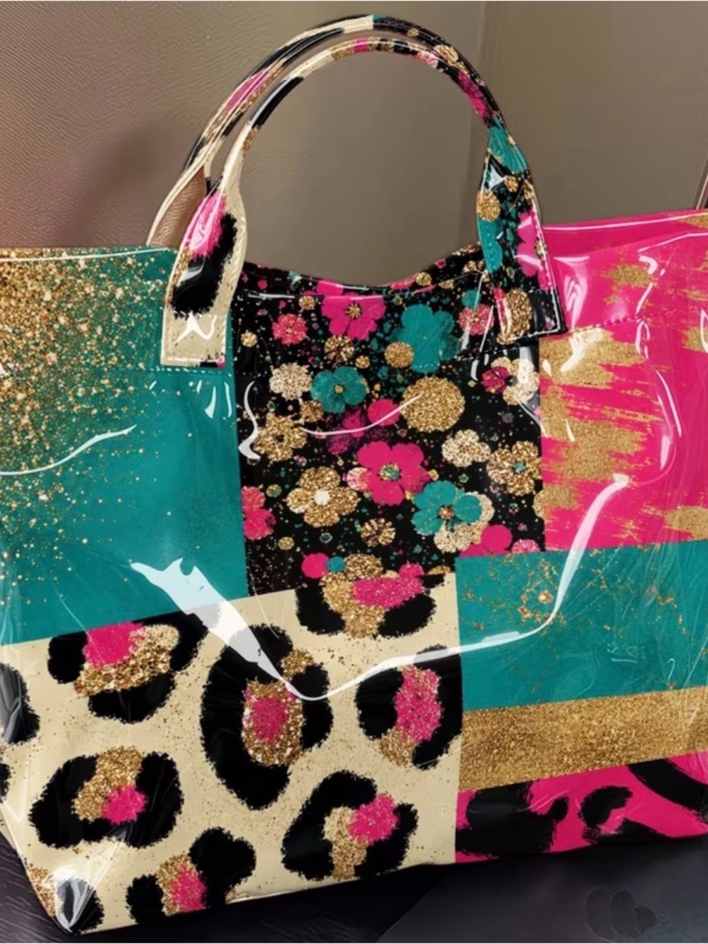⛱️⛱️⛱️BOGOHO⛱️⛱️⛱️Patchwork Floral & Leopard Tote Bag - Pink, Teal, Black